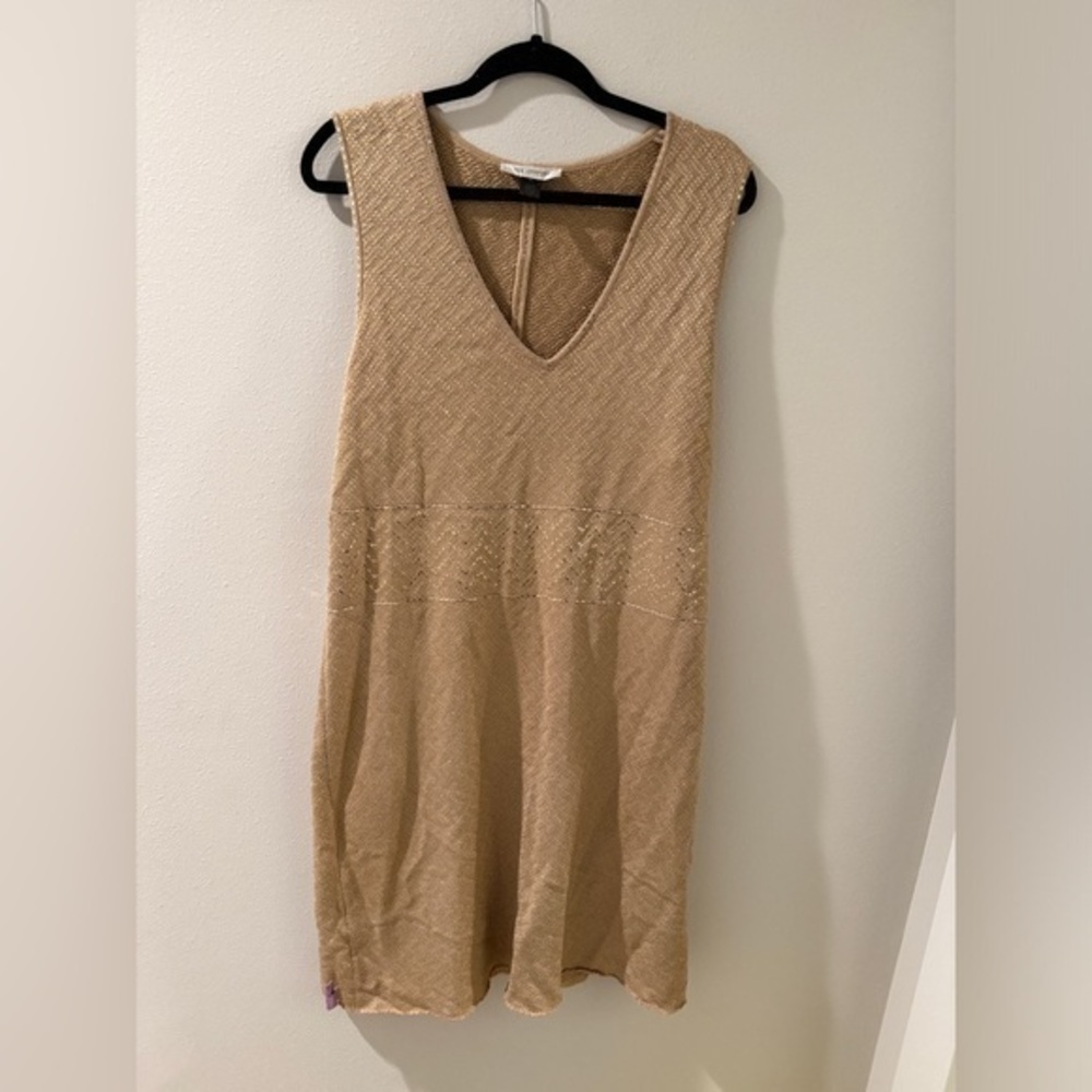 St. John Size 12 Women's Tweed Beige Metallic Gold Sequins Trim‎ Shimmer Dress